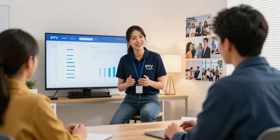 IPTV reseller meeting clients in a professional local service office, showcasing community trust.