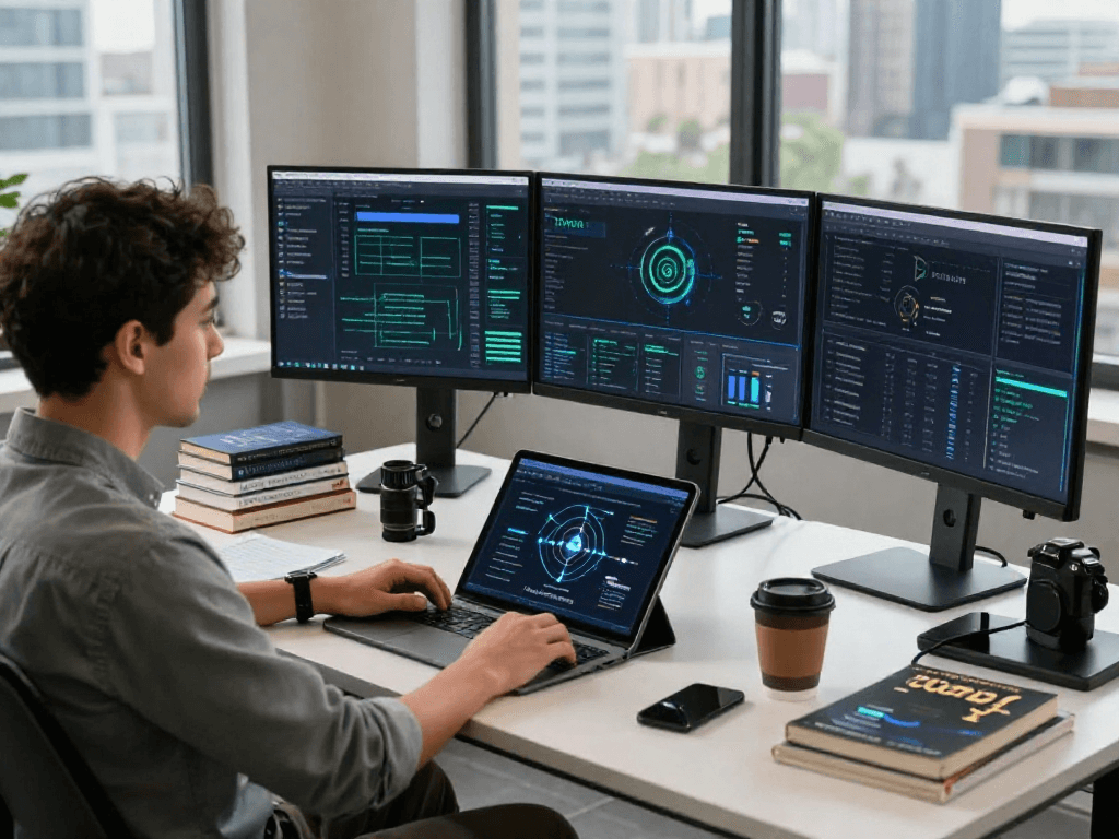 A developer analyzing blockchain data on Tornado Cash, highlighting crypto privacy techniques and advanced zero-knowledge proofs in a modern workspace.