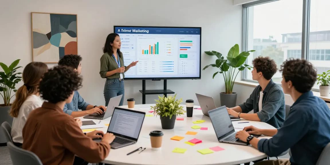 Marketing team brainstorming new AI marketing tools in a bright office space.
