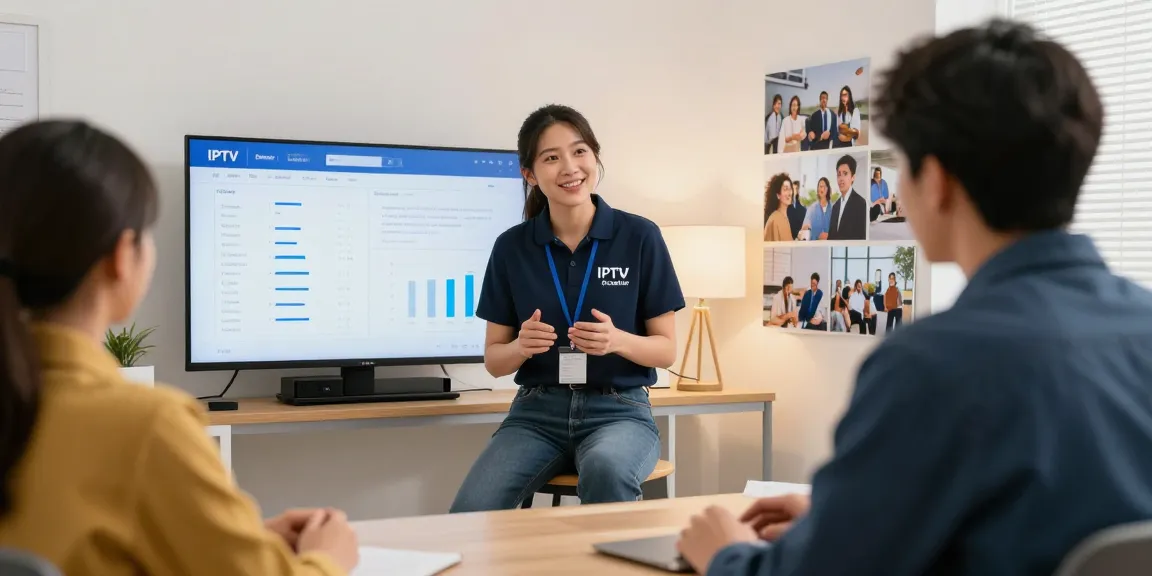 IPTV reseller meeting clients in a professional local service office, showcasing community trust.