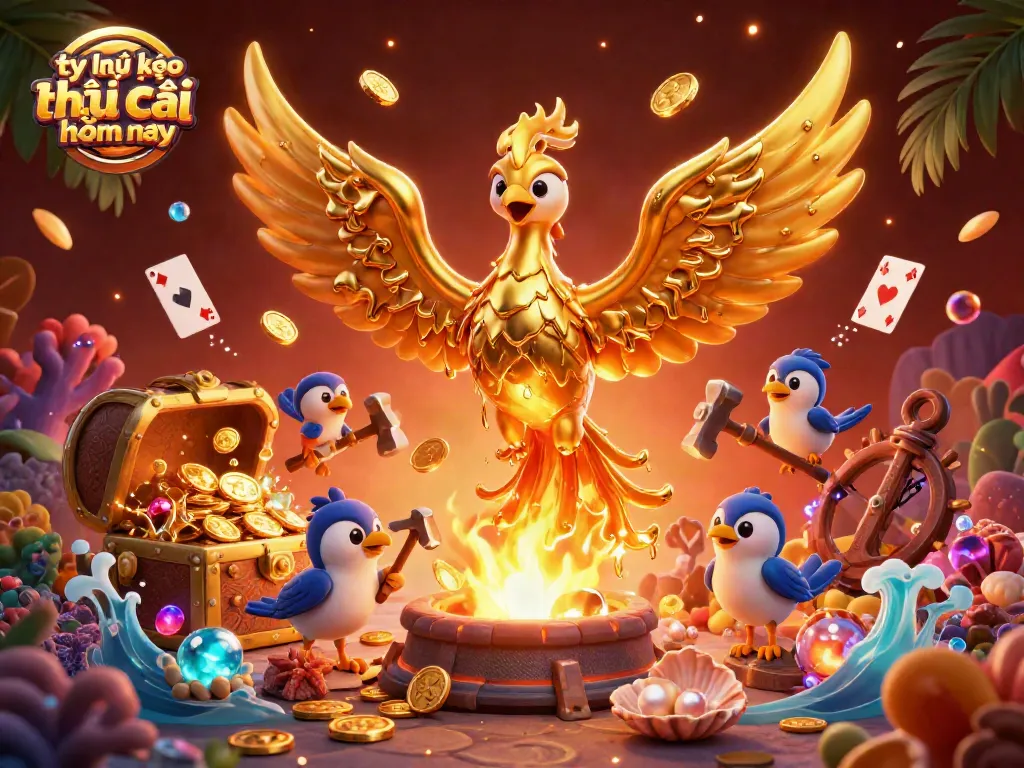 Tỷ lệ kèo nhà cái hôm nay illustrated as a golden phoenix amidst treasure and casino game elements