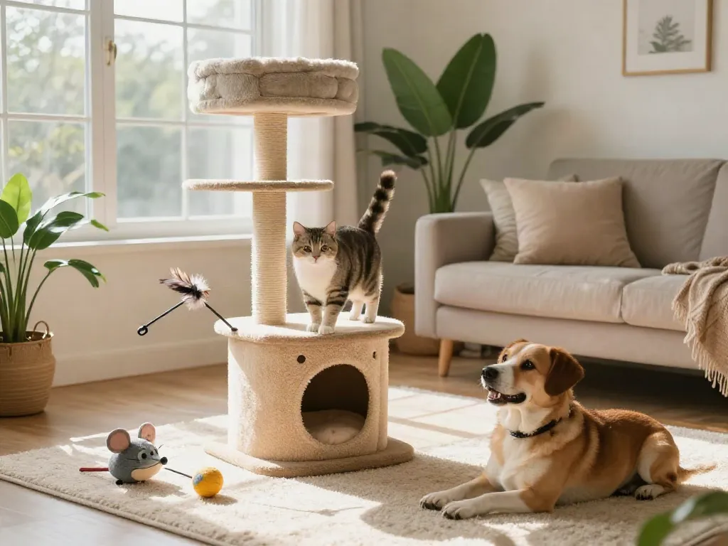 Interactive cat tower with multiple levels and scratching features in a warm living room setting.