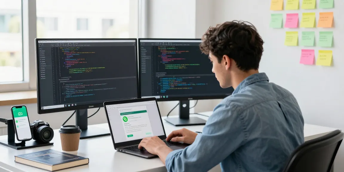 Developer using WhatsApp下載 on a laptop in a modern workspace, surrounded by tech elements and natural light.
