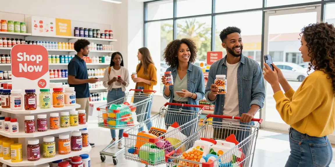 Diverse friends in a bright retail store exploring gummy products, promoting health and inviting you to shop now.