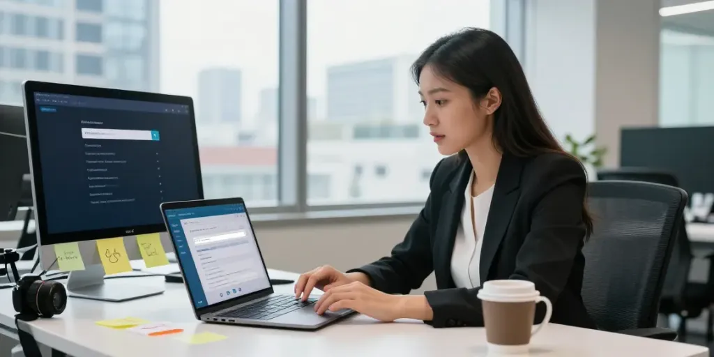 Buy .uk domain registration in a professional office setting with a businesswoman engaged in domain search.