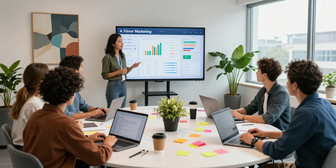 Marketing team brainstorming new AI marketing tools in a bright office space.