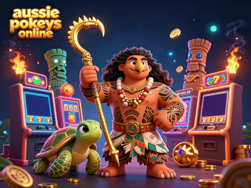 Experience exciting aussie pokies online with vibrant 3D characters and slot machines in a dynamic casino scene.