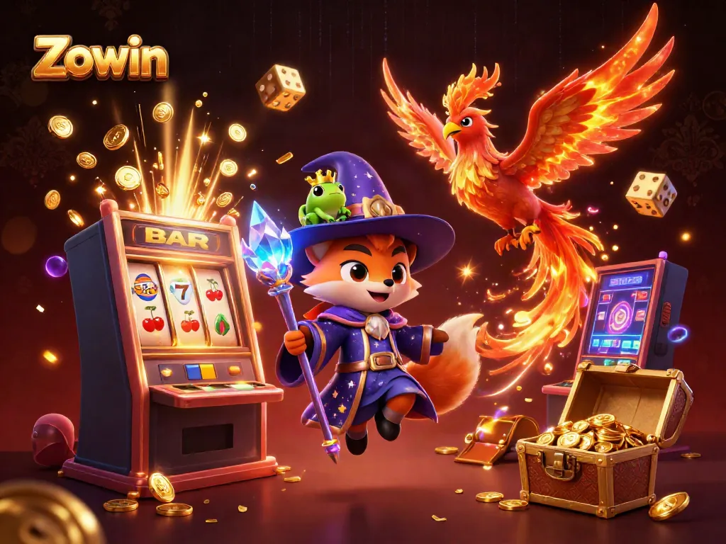 Experience thrilling gameplay with Zowin's vibrant casino scene, featuring enchanted characters and game elements.