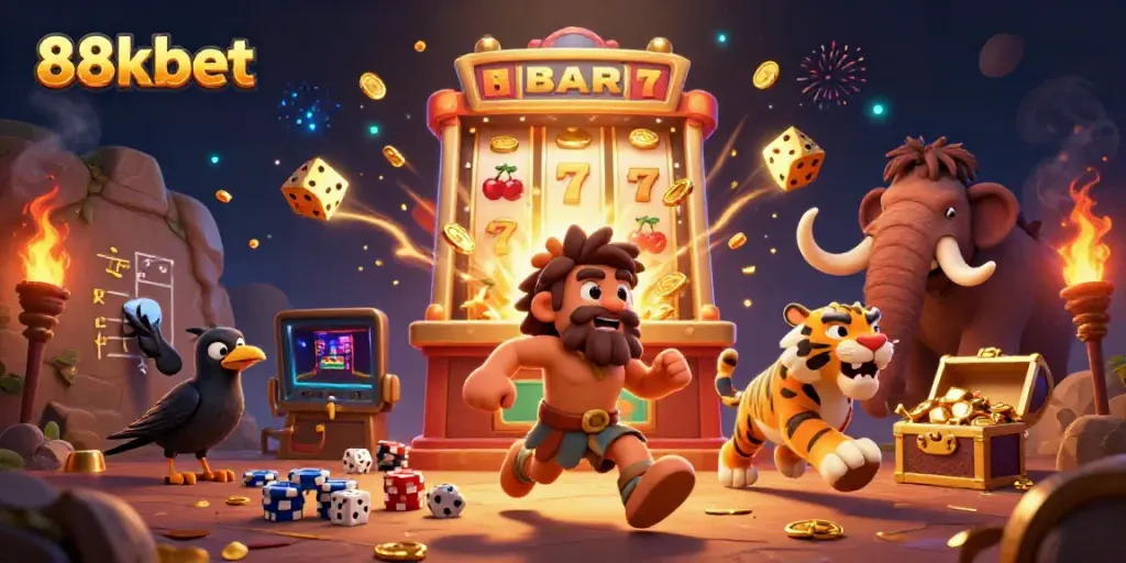 Experience the thrilling moments at 88kbet's prehistoric casino with a cartoon caveman and saber-tooth duo.
