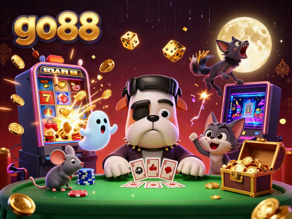 Win big at go88 with an enchanting spooky casino scene featuring a dog dealer and mystical creatures.