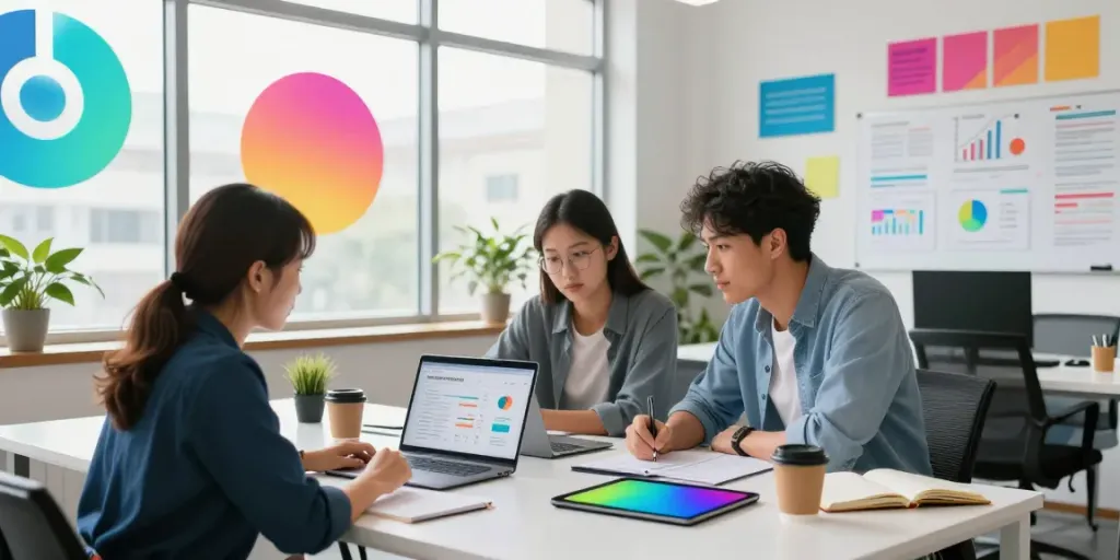 SEO professionals discussing instant indexing strategies in a modern office