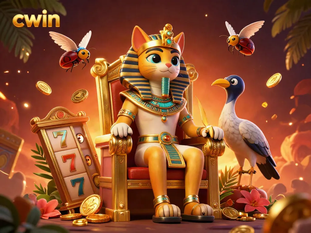 Engage in thrilling gaming at CWIN with a dynamic scene featuring a pharaoh cat and slot elements.