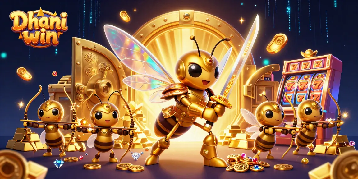Dhani win game scene showcasing vibrant slot reels and a golden hornet character, enhancing user engagement.