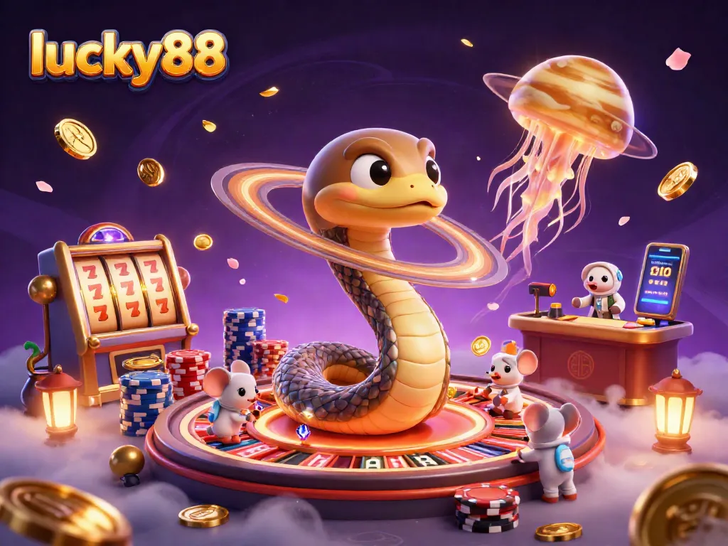 Experience thrilling slots entertainment with lucky88, featuring whimsical characters in a dynamic casino setting.