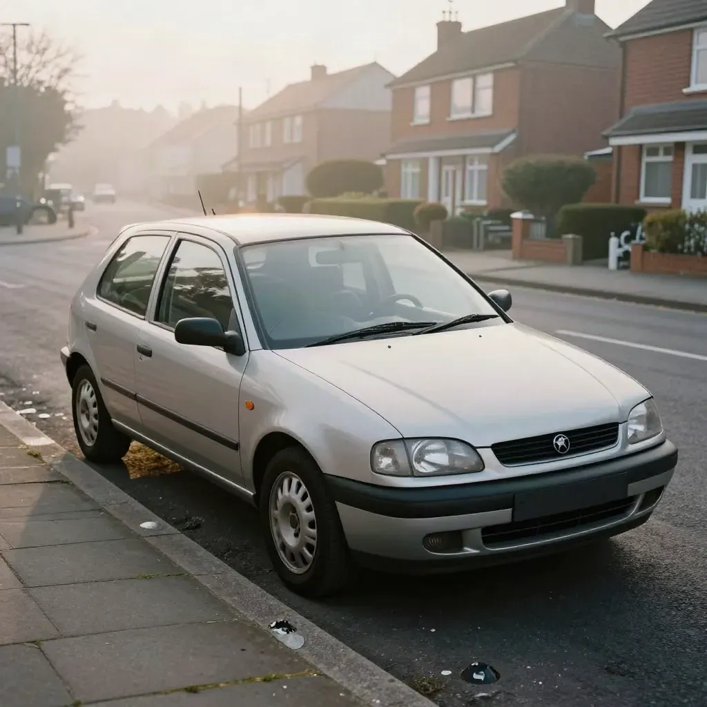 Manual learner car paused at a curb on a misty suburban street with cones and house fronts.