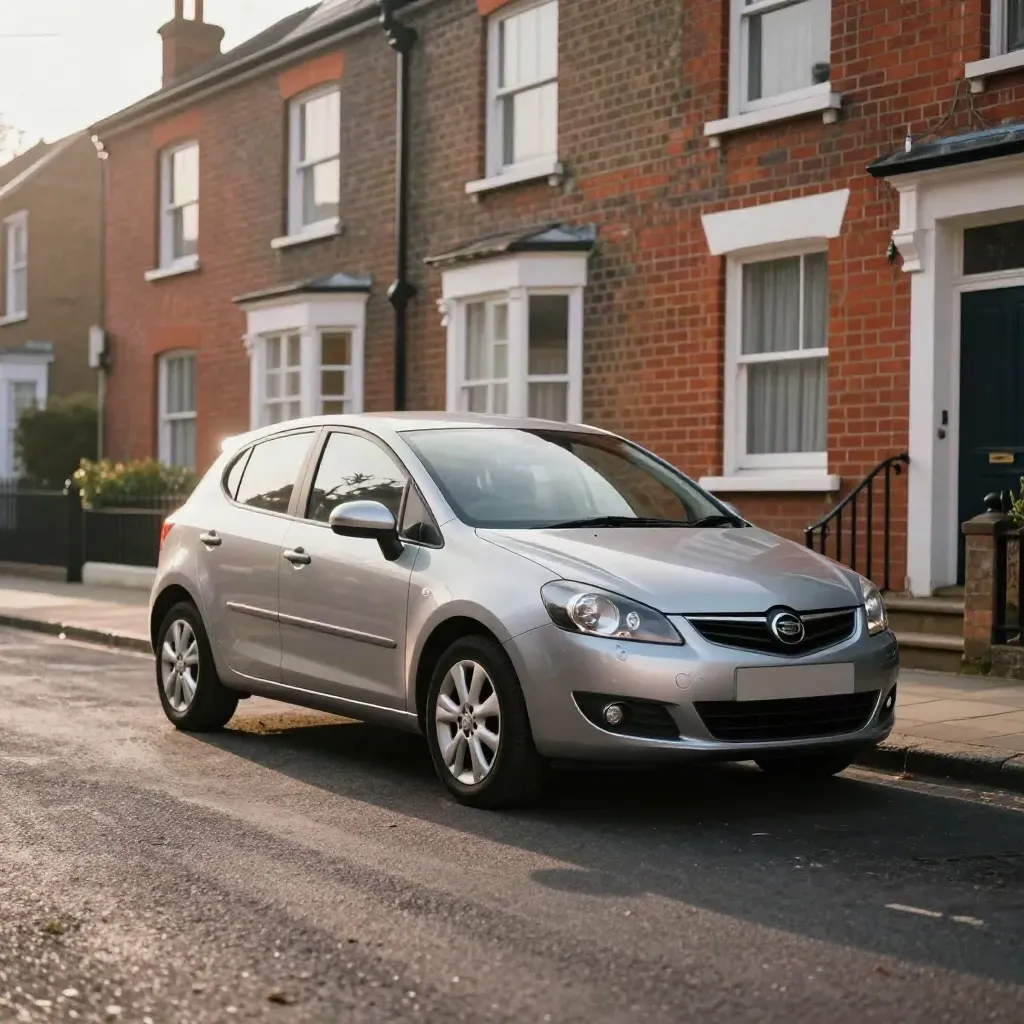 Learner hatchback outside a brick terrace at golden hour, wheels straight and mirrors aligned.