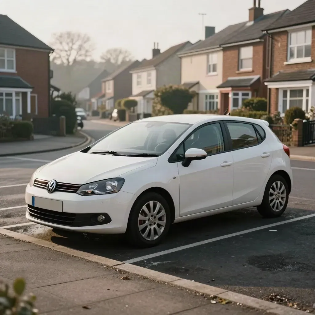 Learner automatic car parked neatly in a quiet residential bay with soft evening mist