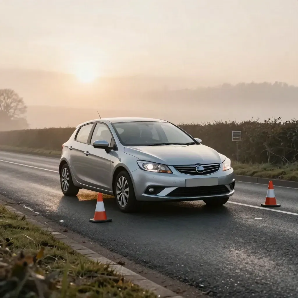 Learner hatchback ready at dawn on a quiet training road with cones and mist.