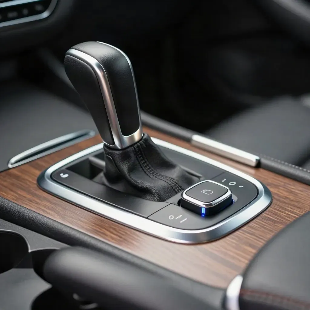 Automatic gear selector with parking sensor button and chrome trim on a car console.