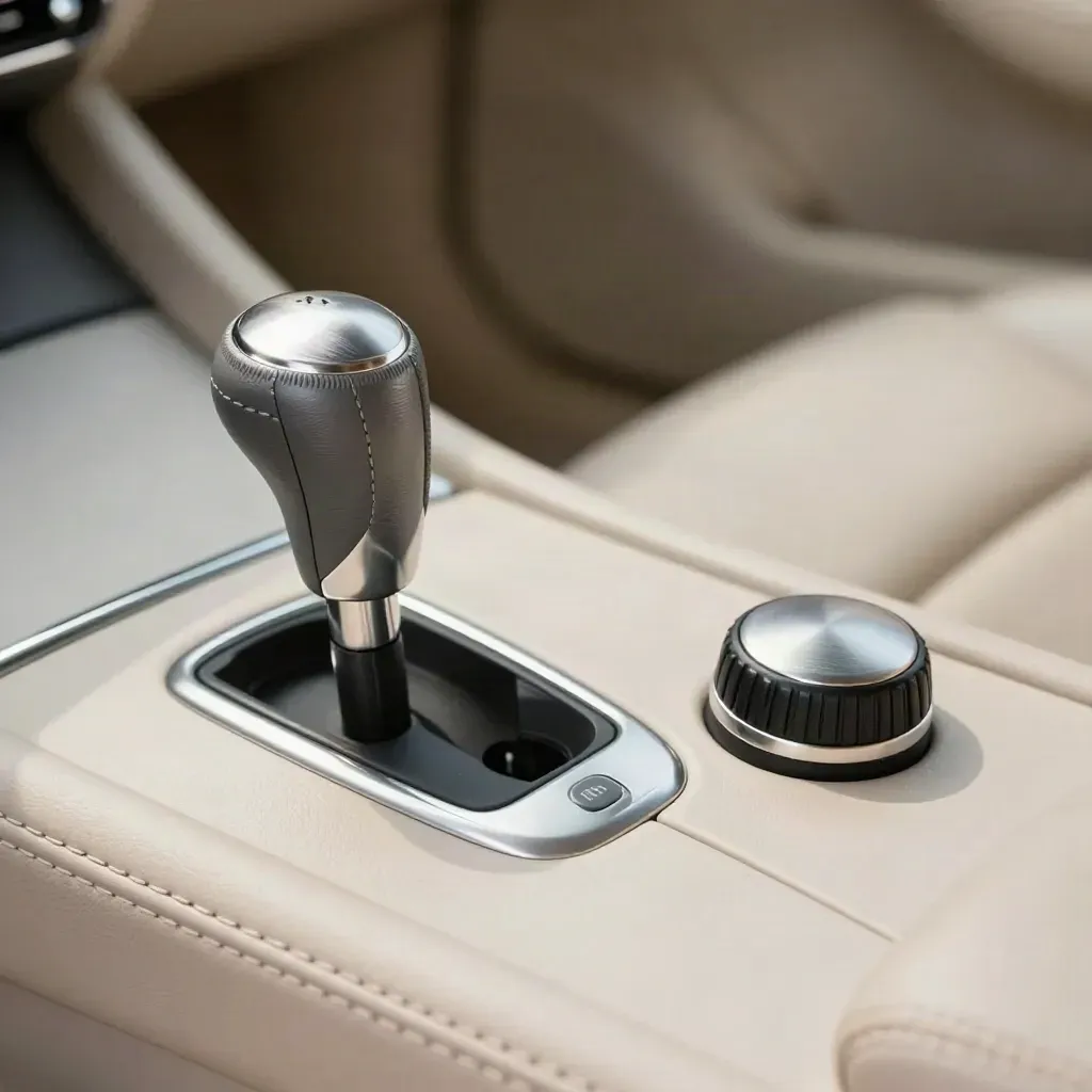 Manual and automatic car controls with a steering-wheel cap on a pale surface.