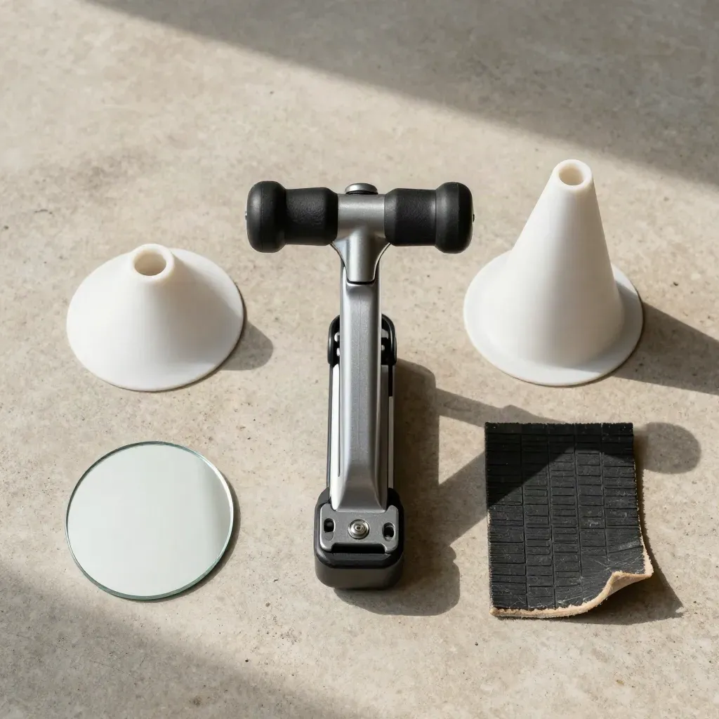Overhead flatlay of learner-driving tools: pedal set, white cone, mirror tile and worn mat on concrete.