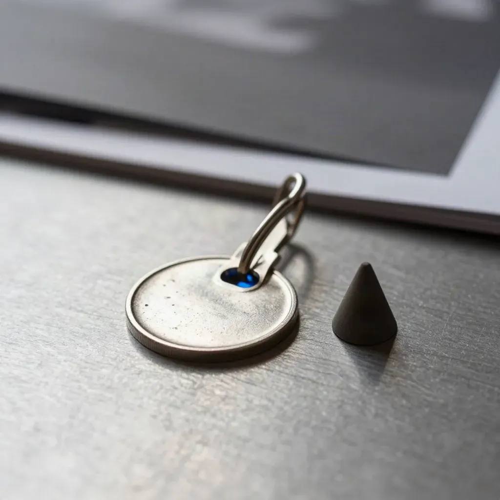 Key ring, test token and cone tip on brushed metal shelf in soft side light.