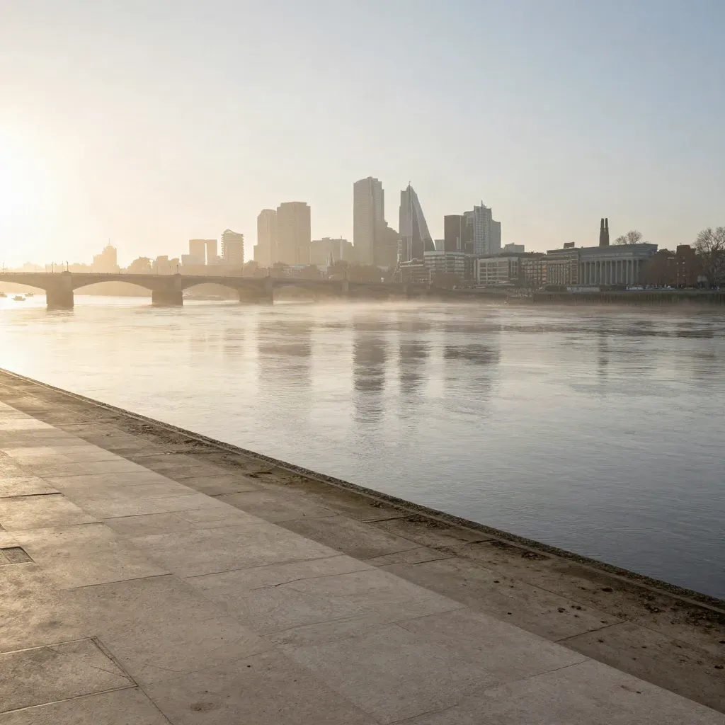 London skyline over the Thames at sunrise with bridges and misty water.