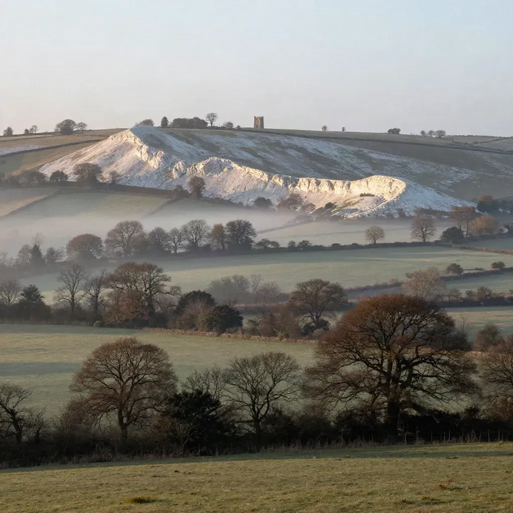 Surrey hills at dawn with chalk ridge, church tower and misty fields