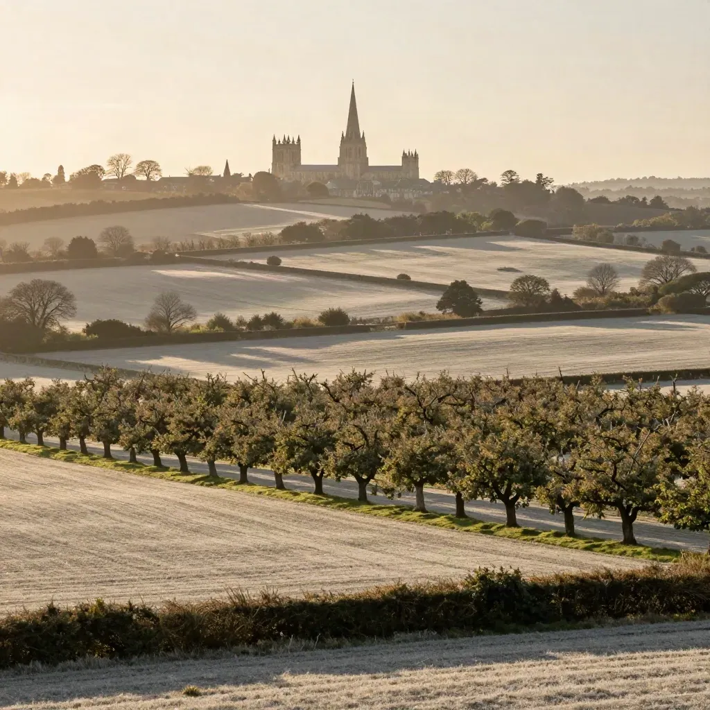 Kent orchards and cathedral skyline at golden hour over calm rolling fields