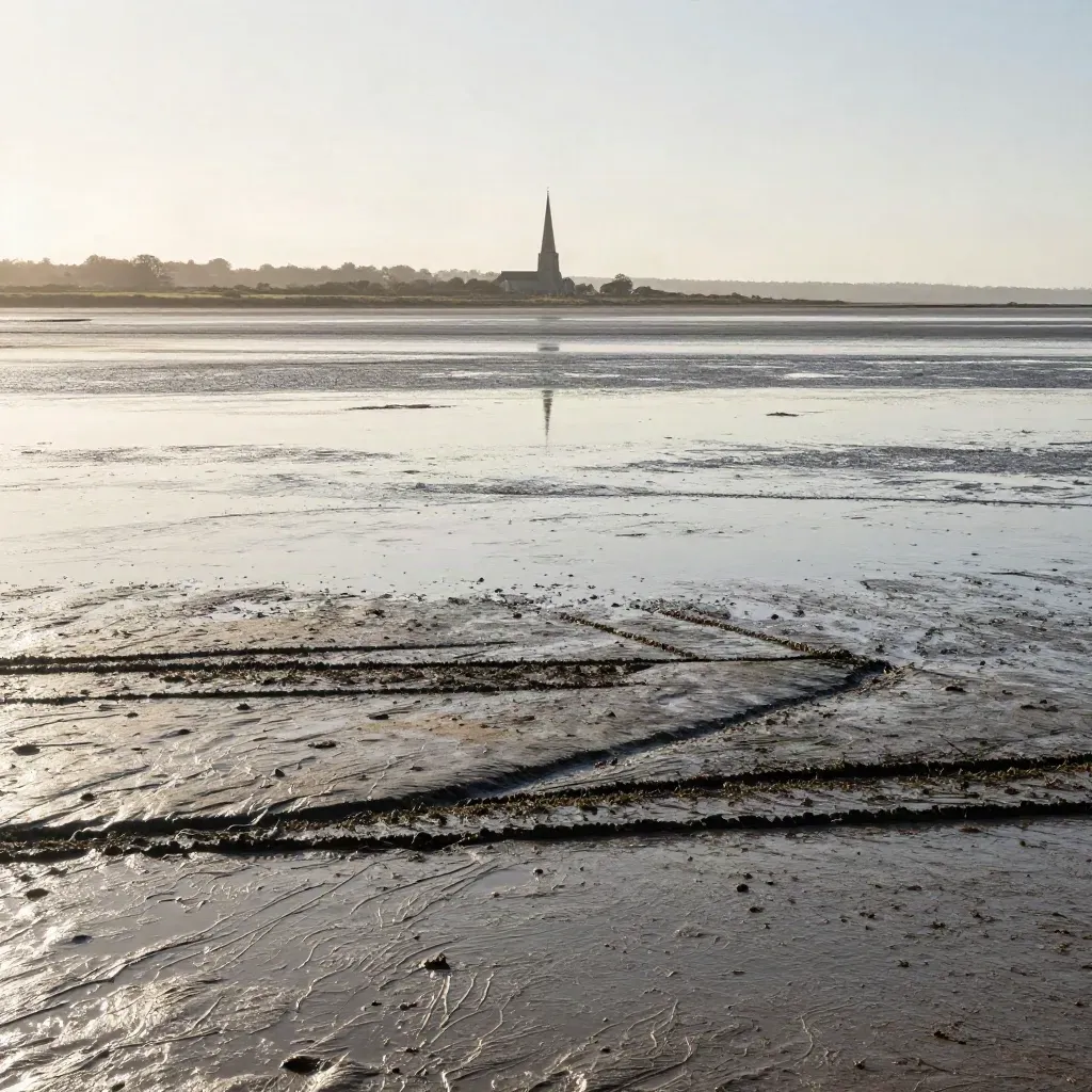 Low tide Essex estuary with a church spire, marsh texture and calm wet mud under sea haze.