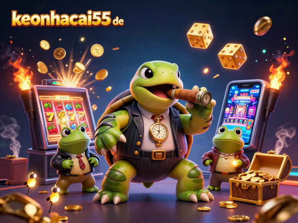 Engage with keonhacai55 de's vibrant casino scene featuring a snapping turtle in a unique mobster outfit.