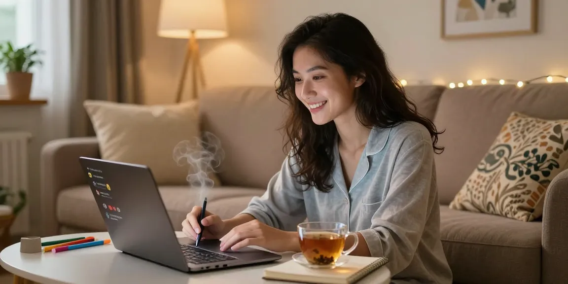 Woman enjoying an ai sex chat on her laptop in a cozy home office, warm atmosphere.