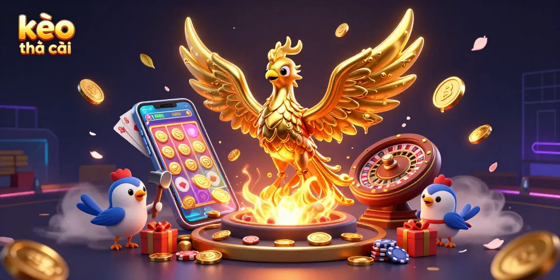 Kèo nhà cái showcases a molten metal phoenix and vibrant gambling elements in a dynamic scene.
