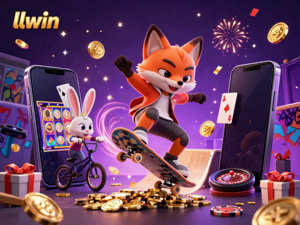 Engage with llwin's thrilling casino experience as a fox and rabbit charm in a vibrant 3D gaming scene.