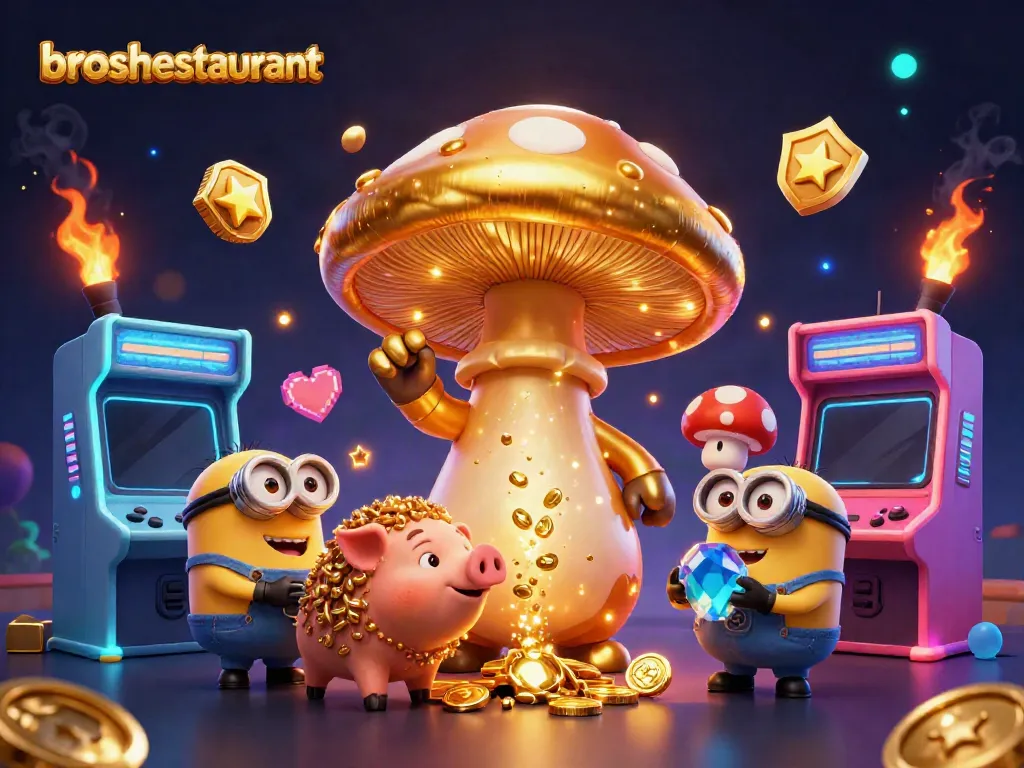Engage with broshrestaurant's vibrant gambling world filled with magical golden winnings and interactive machines.