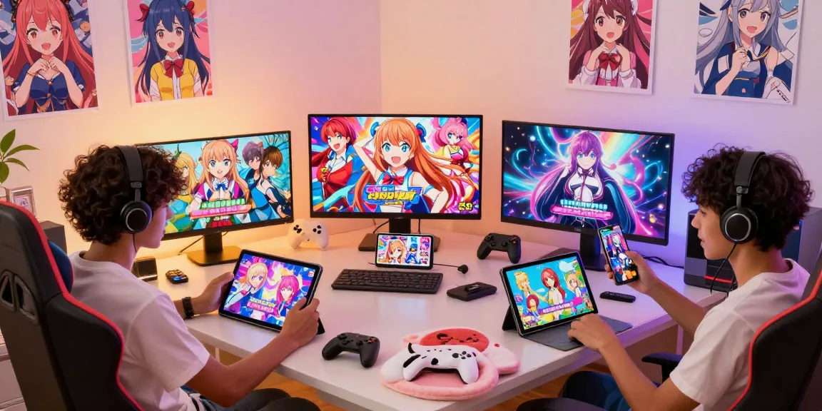 Engaging scene of players enjoying ecchi games on various devices in a cozy setting, showcasing vibrant characters and fun interactions.