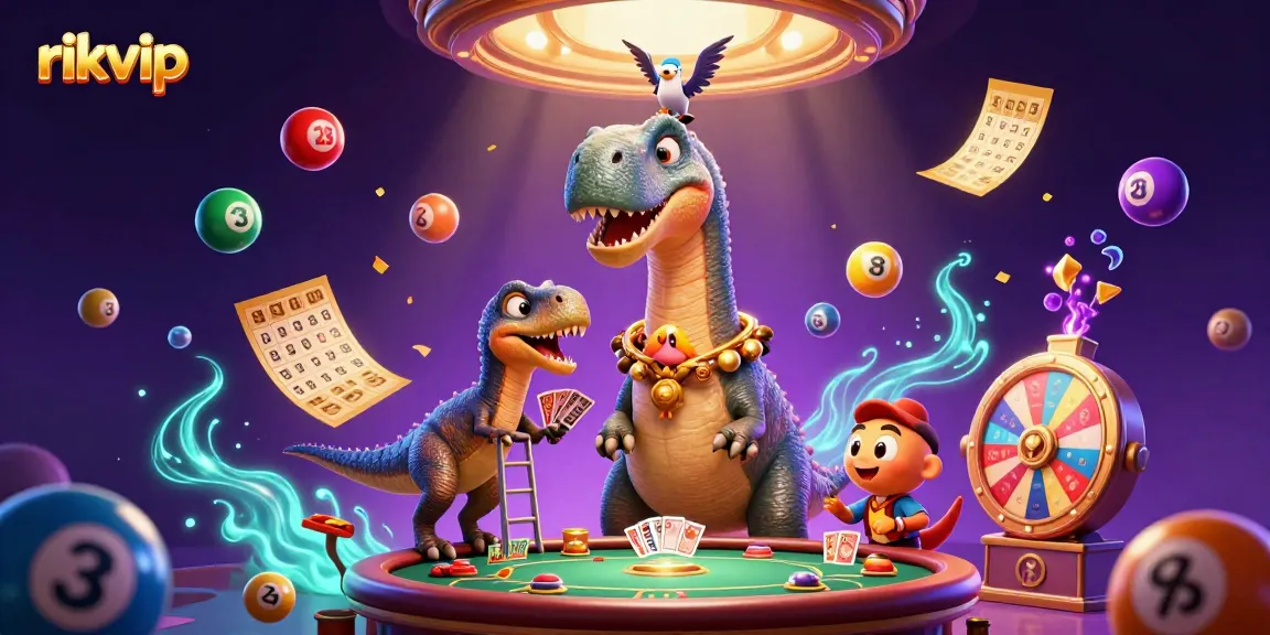 Experience the thrill of rikvip casino with a vibrant 3D illustration of a brontosaurus, raptor, and lottery elements.