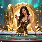 Bet on UFABET with a glamorous Asian dealer at a luxurious baccarat table, surrounded by casino brilliance.