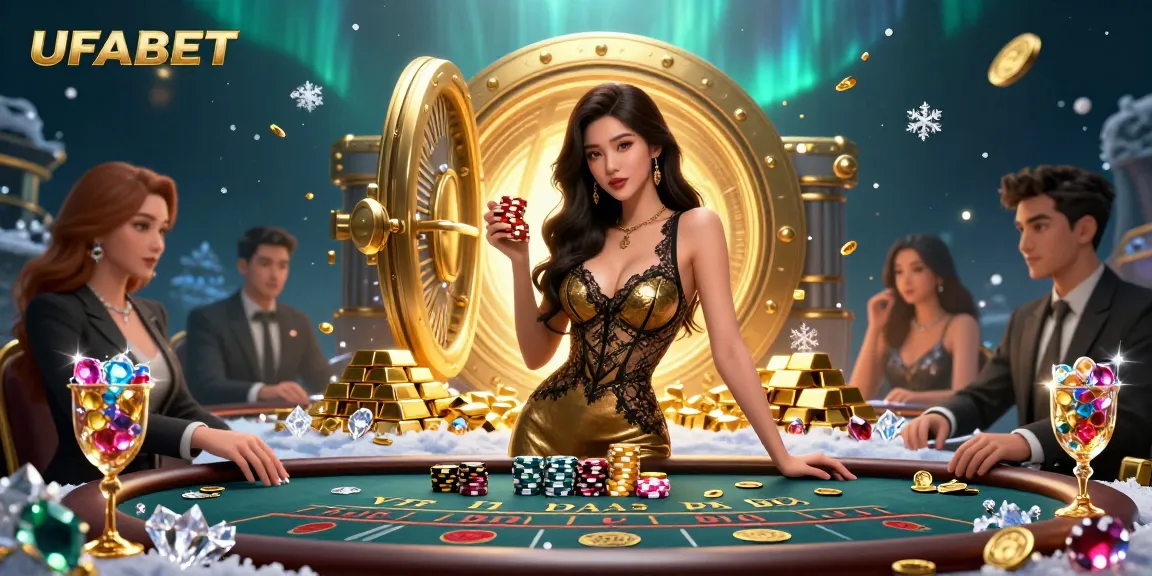 Bet on UFABET with a glamorous Asian dealer at a luxurious baccarat table, surrounded by casino brilliance.