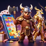 Experience sun win with a 3D Viking bear and Valkyrie eagle amidst vibrant casino games.