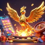 Kèo nhà cái showcases a molten metal phoenix and vibrant gambling elements in a dynamic scene.