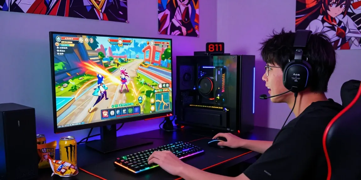 Gamer playing a vibrant hentai game, surrounded by immersive anime characters and gaming gear.