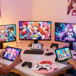 Engaging scene of players enjoying ecchi games on various devices in a cozy setting, showcasing vibrant characters and fun interactions.