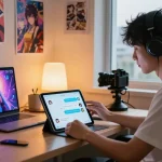 Engaging with ecchi AI chatbot in a cozy home office with digital interaction elements.