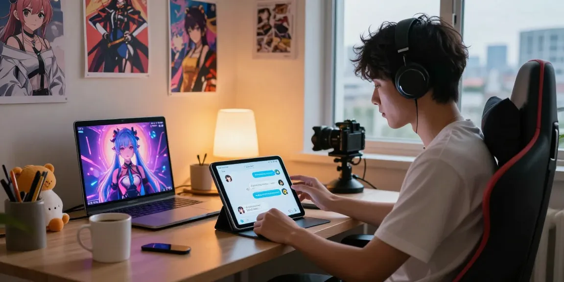 Engaging with ecchi AI chatbot in a cozy home office with digital interaction elements.