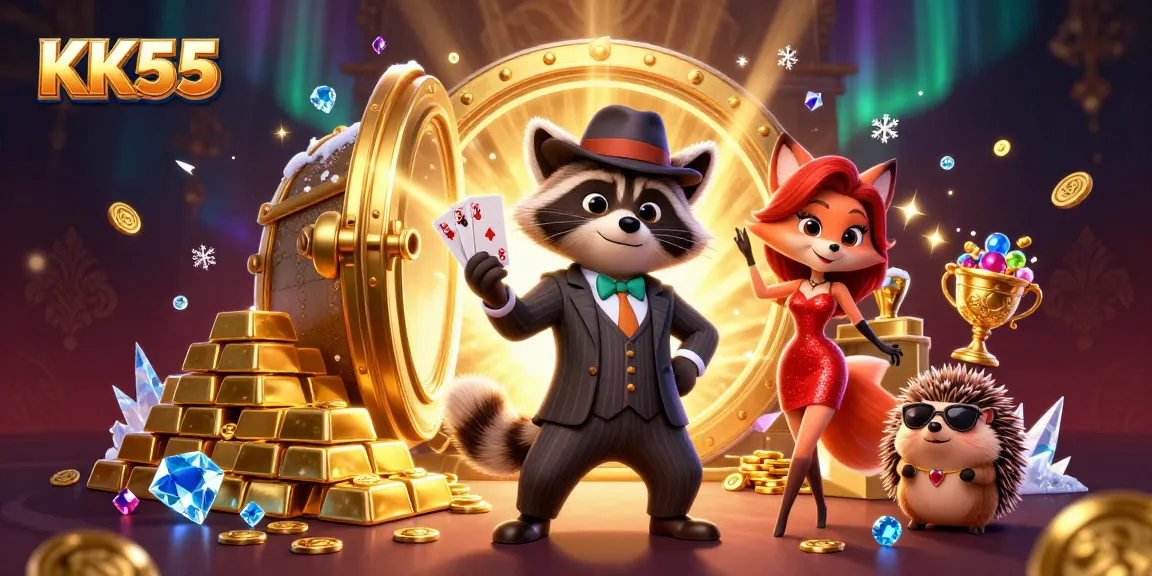 Experience the excitement of casino gaming with KK55, featuring animated characters and dazzling treasures.