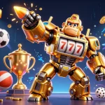 Experience thrilling gameplay at sunwin with a dynamic golden gorilla mech amidst vibrant sports elements.
