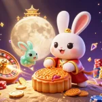 Experience GG88 with moon rabbits revealing poker treasures amid cascading casino elements.