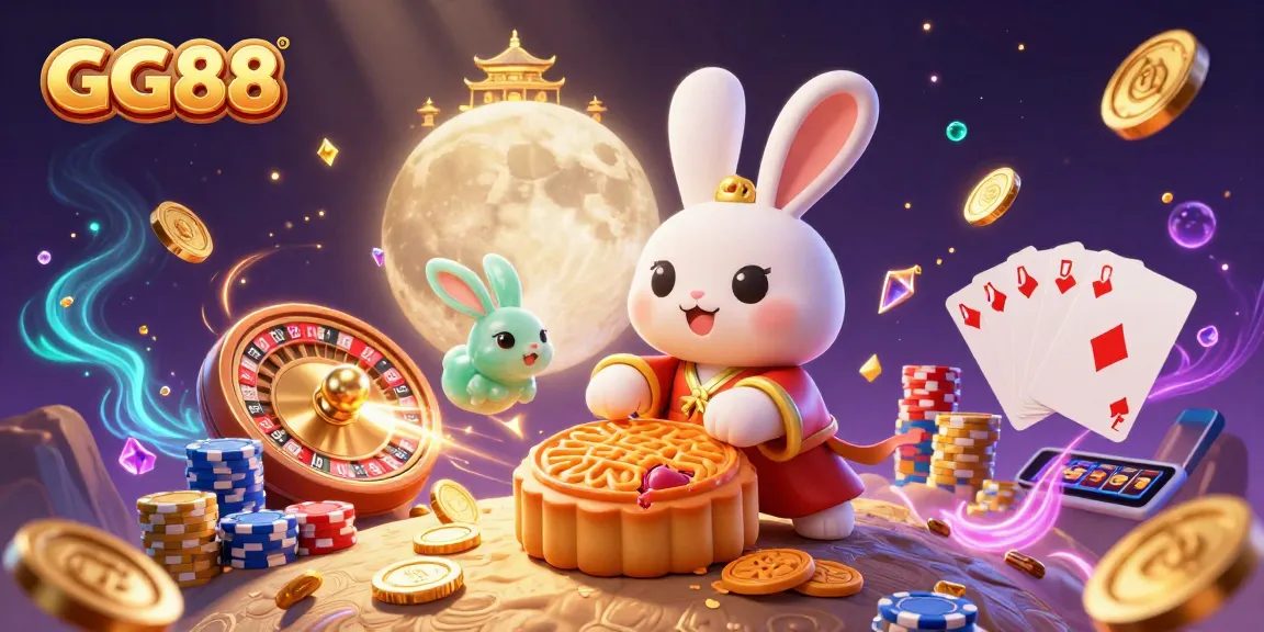 Experience GG88 with moon rabbits revealing poker treasures amid cascading casino elements.